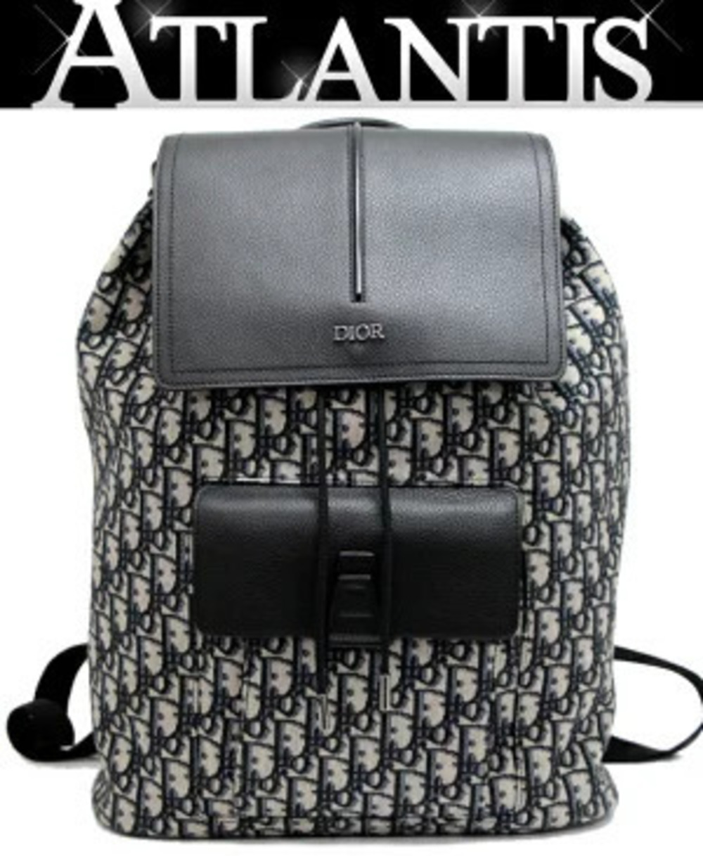 Christian Dior HOMME Oblique Backpack Jacquard x Leather Canvas Navy Blue